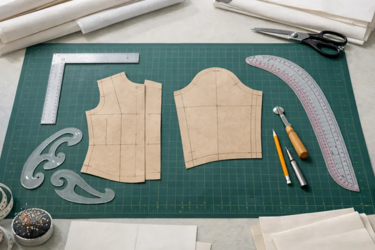 A clean, well-lit studio showing essential tools for flat pattern drafting, suitable for manufacturing or design professionals.