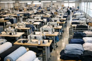 This image showcases the main production area of a private label clothing factory, highlighting the tools and workflow at the heart of efficient apparel manufacturing.