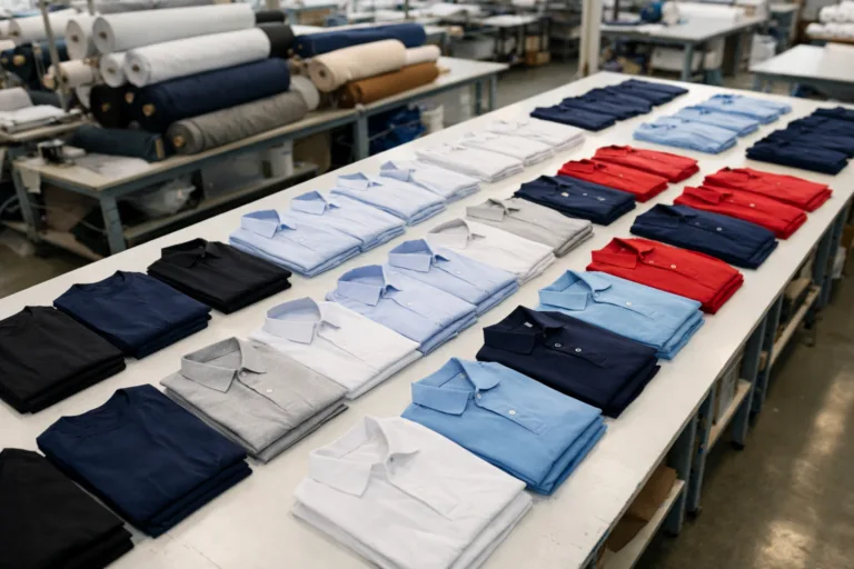 An overhead view of a clothing factory showcasing the variety and scale of shirt production, including T-shirts, polos, and dress shirts.