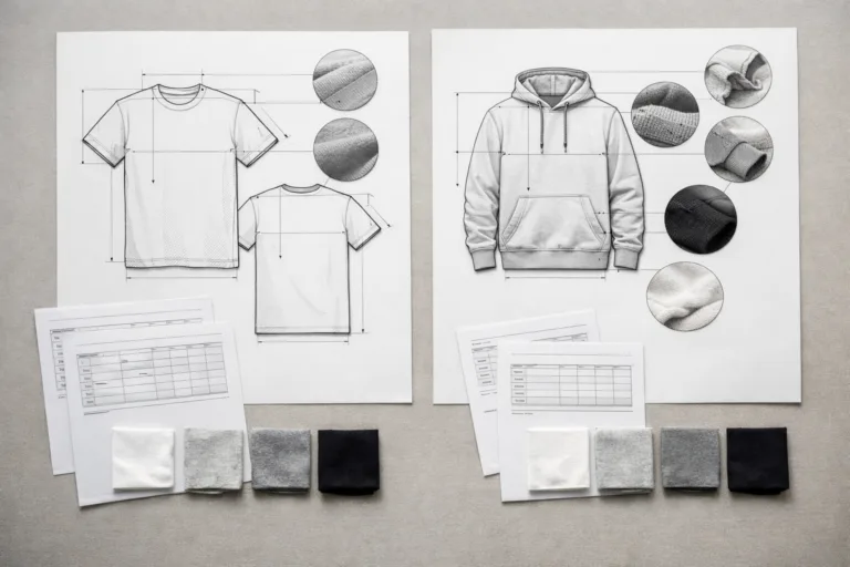 A visual showing a tech pack with technical sketches, key measurements, and a set of spec sheets for fashion garment manufacturing.