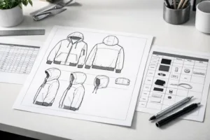 This image showcases the main components needed when creating a professional tech pack: accurate fashion flats, a detailed measurement chart, and a complete BOM table.