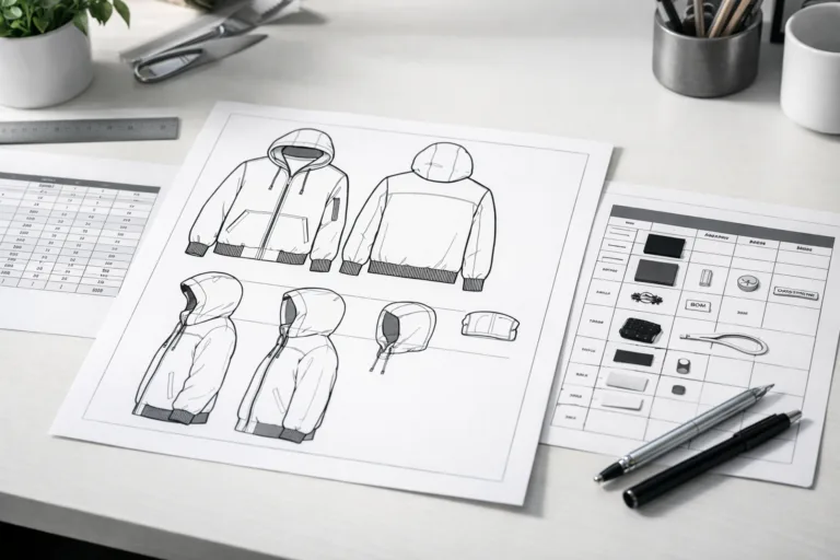 This image showcases the main components needed when creating a professional tech pack: accurate fashion flats, a detailed measurement chart, and a complete BOM table.
