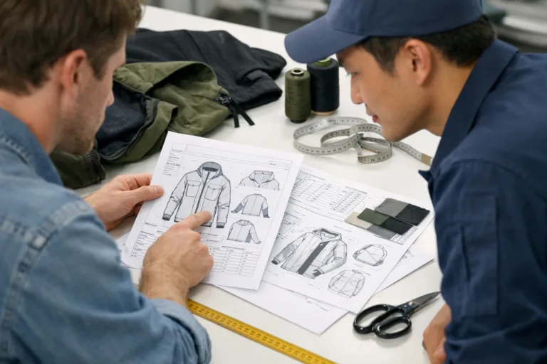 A crisp, professional workspace showing a designer and technician double-checking garment specs and sketches using a tech pack before factory submission.