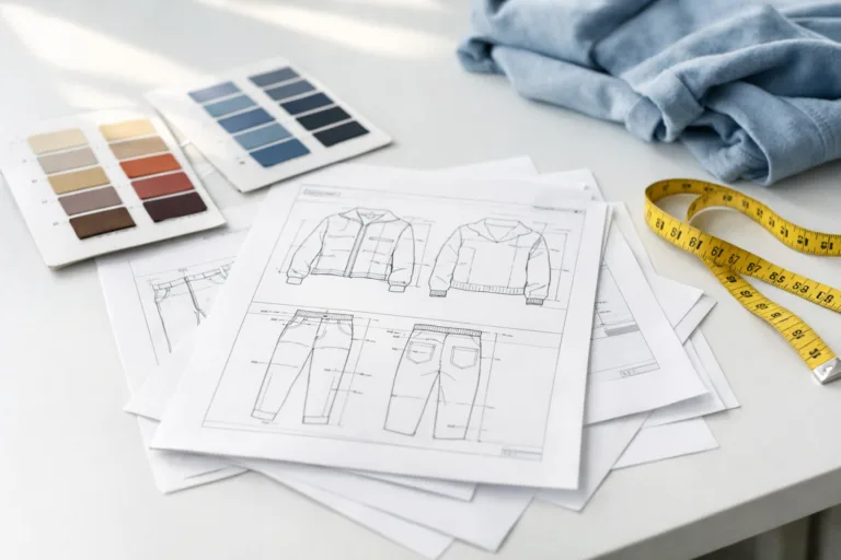 A visual overview of updating tech packs: managing revisions during sampling, showing key materials and references in the apparel industry.