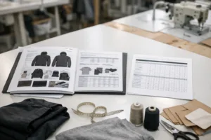 Illustrates the practical and visual differences between a tech pack and a spec sheet during initial garment development for production clarity.