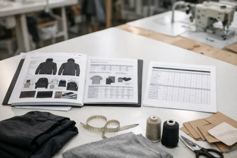 Illustrates the practical and visual differences between a tech pack and a spec sheet during initial garment development for production clarity.