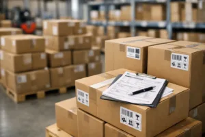 This image shows imported goods neatly stacked, with focus on shipping labels and customs documents. The scene illustrates the final stage of landed cost calculation.