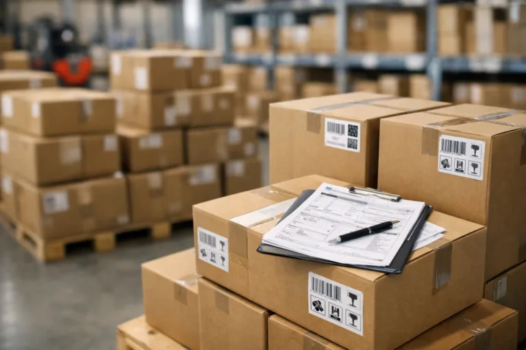 This image shows imported goods neatly stacked, with focus on shipping labels and customs documents. The scene illustrates the final stage of landed cost calculation.