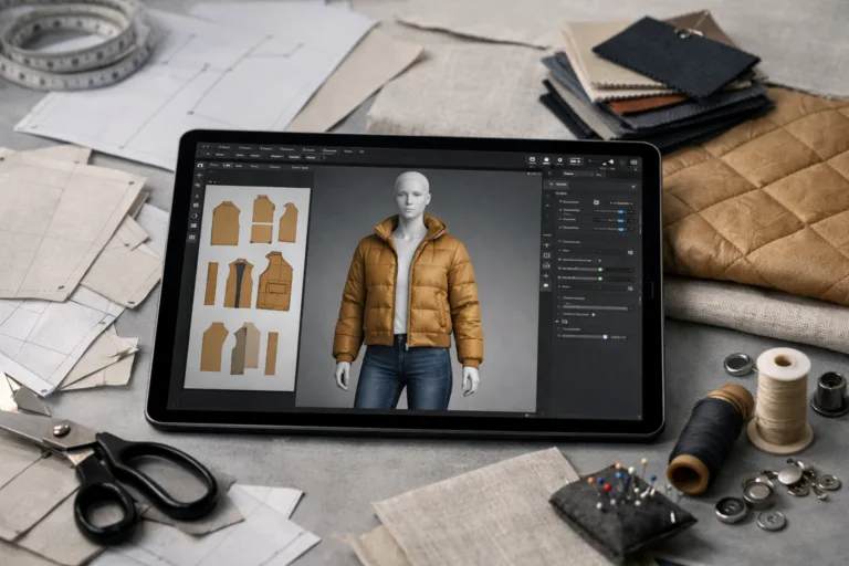 A sleek tablet displays a realistic garment on a 3D avatar, surrounded by apparel patterns and swatches—depicting how 3D Virtual Fitting: Reducing Physical Samples with Digital Twins modernizes fashion sampling.