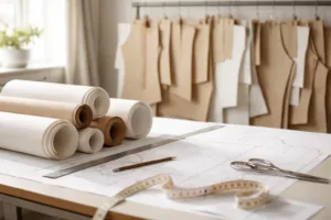 Photo-realistic scene of a drafting table in a garment studio, showing rolled pattern paper, scissors, transparent rulers, and master blocks, capturing the foundational stage of building a brand's fit library.