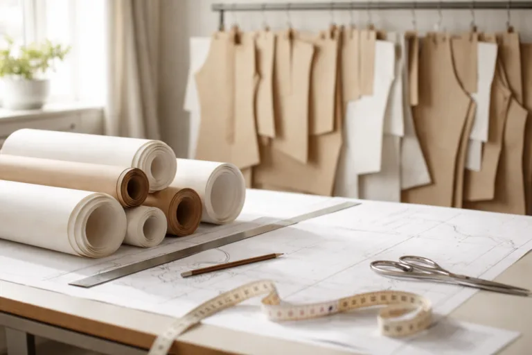 Photo-realistic scene of a drafting table in a garment studio, showing rolled pattern paper, scissors, transparent rulers, and master blocks, capturing the foundational stage of building a brand's fit library.