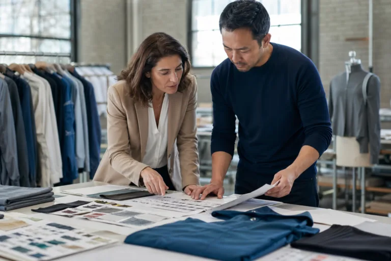 A realistic scene showing a brand and manufacturer reviewing final details before bulk production.