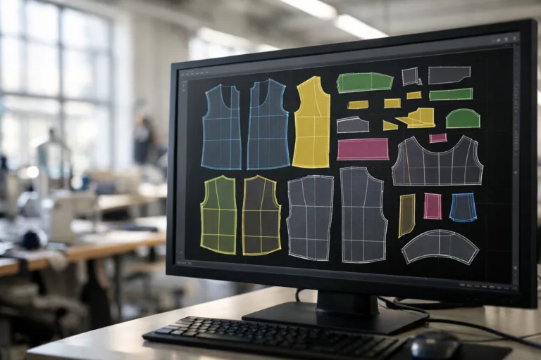This image displays a clean and professional CAD pattern software screen, capturing the modern workflow of digital pattern making in garment factories.