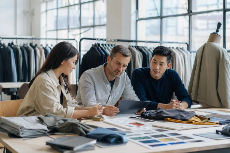 A procurement team compares supplier criteria using fabric swatches, samples, and technical notes in a professional manufacturing setting.