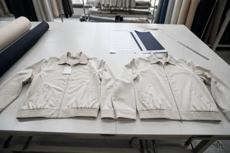 Side-by-side layout of the reference and counter sample garments demonstrates the core step of the ODM process in bright, detailed factory workspace.
