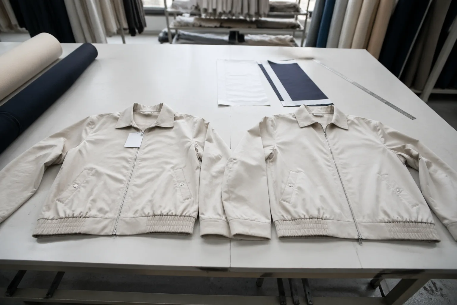 Side-by-side layout of the reference and counter sample garments demonstrates the core step of the ODM process in bright, detailed factory workspace.