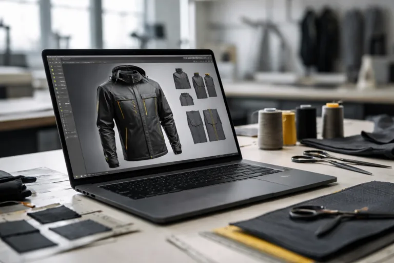 A modern workspace with a 3D digital sample of a garment on screen beside fabric swatches. Contextualizes the decision between virtual and physical sampling for sustainability.