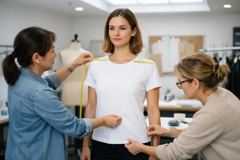 A real-world fit session where industry professionals measure a fit model, showing the hands-on process of checking and recording garment sizing for quality control.
