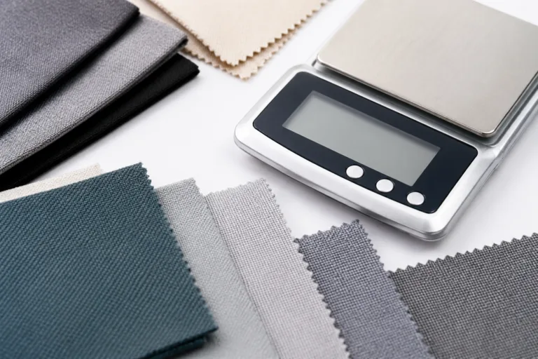 A clean, technical scene showing multiple fabric samples being weighed to illustrate the GSM concept for garment specification.