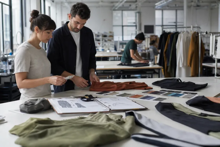 A realistic studio scene showing the planning stage of a low MOQ apparel collection with fabrics, samples, and technical materials.