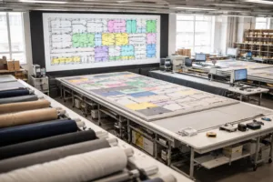Scene shows a professional factory environment where marker making and digital nesting technology are actively used to optimize fabric layout before cutting.