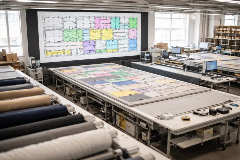 Scene shows a professional factory environment where marker making and digital nesting technology are actively used to optimize fabric layout before cutting.