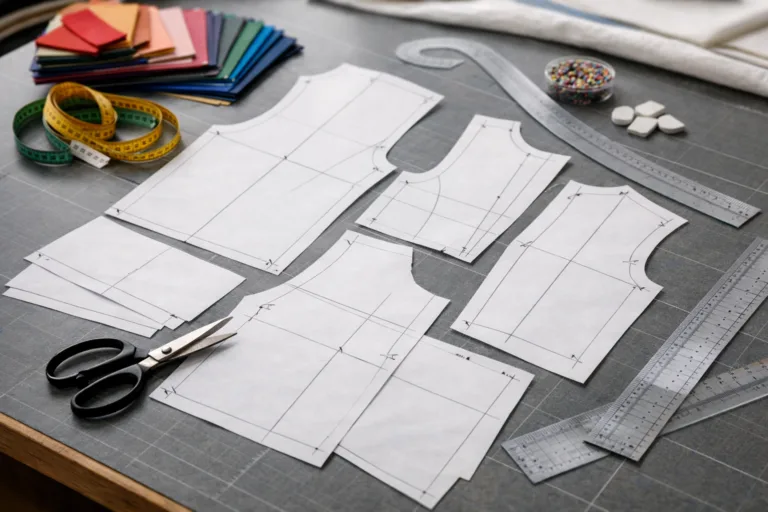 Photo shows the setup for professional pattern grading—rulers, measuring tools, and base patterns ready for size scaling without shape loss.