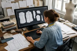 A modern pattern making studio with CAD screens, garment sketches, and swatches reflects the professionalism involved in outsourcing pattern making decisions.