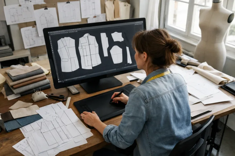 A modern pattern making studio with CAD screens, garment sketches, and swatches reflects the professionalism involved in outsourcing pattern making decisions.