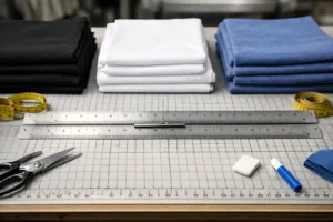 A neat, well-lit factory table with tools and fabrics to illustrate how garment manufacturers set and apply pattern tolerance during cutting and inspection.