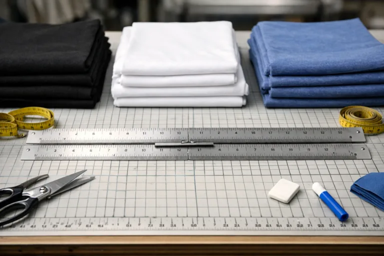 A neat, well-lit factory table with tools and fabrics to illustrate how garment manufacturers set and apply pattern tolerance during cutting and inspection.
