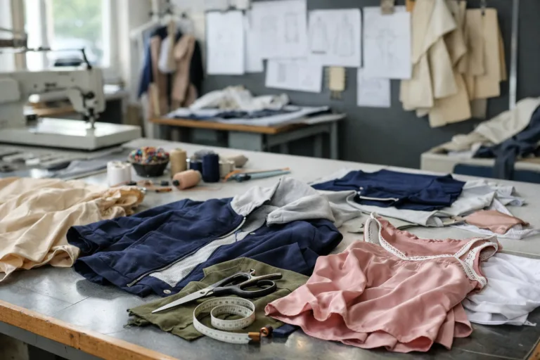 A factory worker assembles a proto sample on a clean table, with sewing tools and color swatches nearby—demonstrating the first step of garment sampling stages.