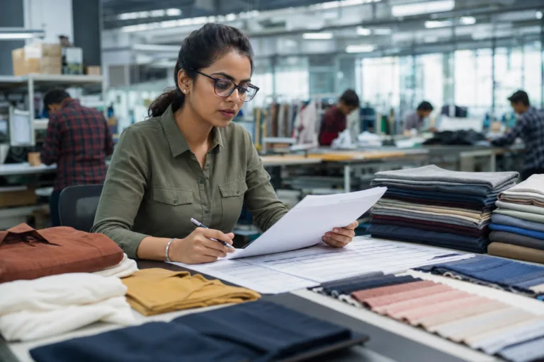 A sourcing team reviews approved samples, measurement records, and fabric swatches before repeat production.