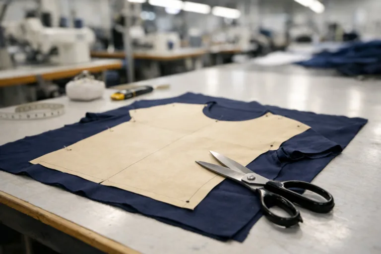 This image depicts the hands-on process of creating a garment sample, highlighting the focused workspace and precise tools required to make just one item.