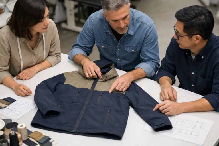 A well-lit workspace where designers and manufacturers discuss a rejected apparel sample, referencing specification sheets to give constructive feedback.