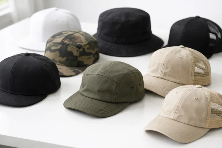 A photo shows the top types of hats for streetwear brands in a studio display, with special attention to varied shapes and textile details.