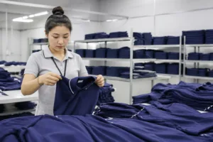 A garment inspector picks a finished piece from the production batch in a textile factory, highlighting the role of TOP samples in bulk quality control before shipment.