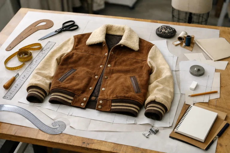 An airy workspace prepared for copying a vintage jacket pattern, capturing the technical scene of converting vintage clothing into production-ready patterns.