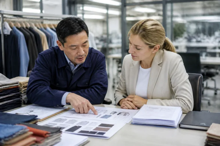 A sourcing buyer and manufacturer reviewing compliance paperwork before approving production.