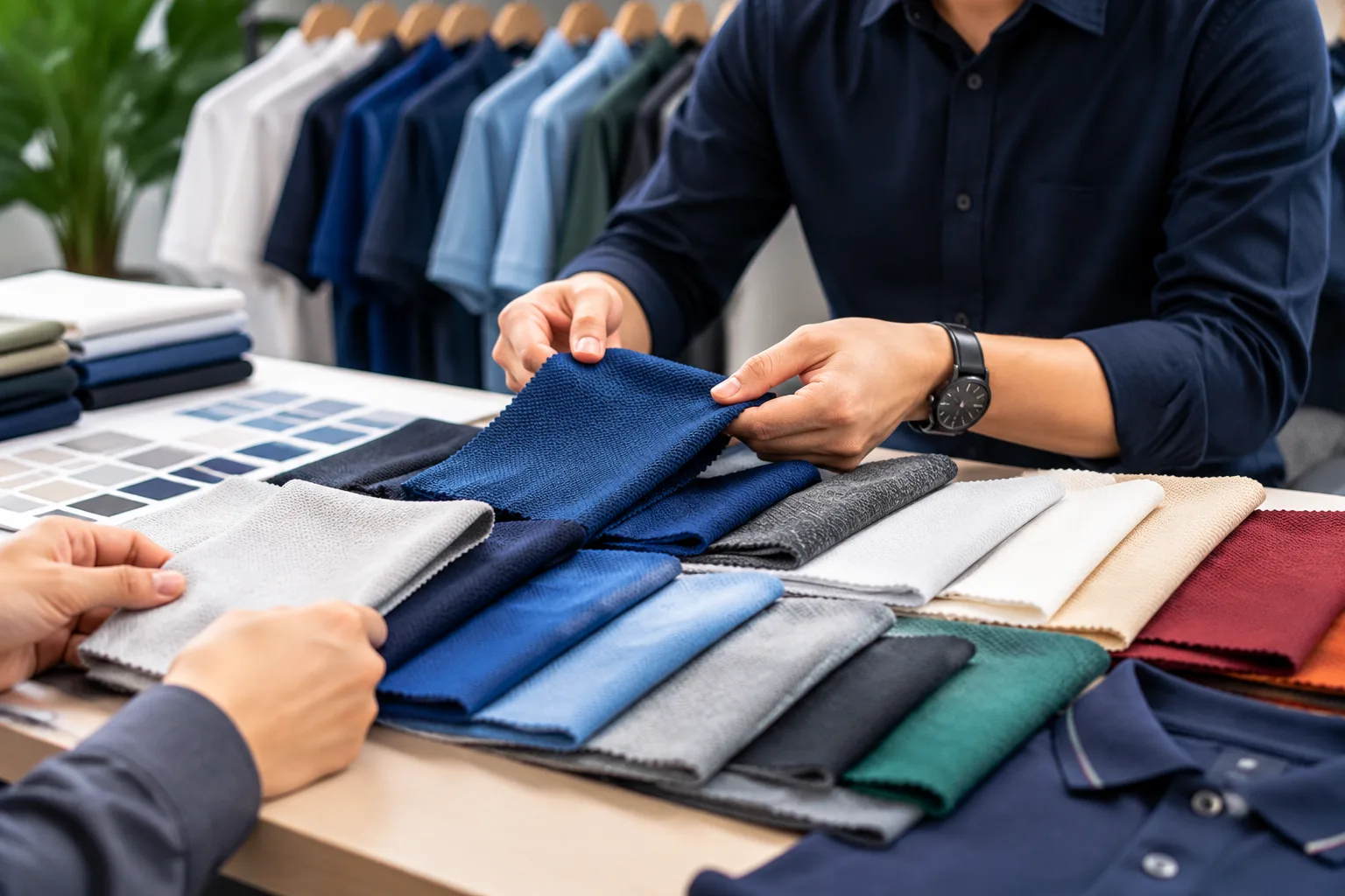A clean sourcing-focused image showing fabric swatches being compared for office polo shirt programs.