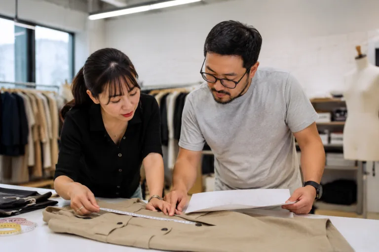 Buyer and technician review garment measurements against approved specifications before bulk production.
