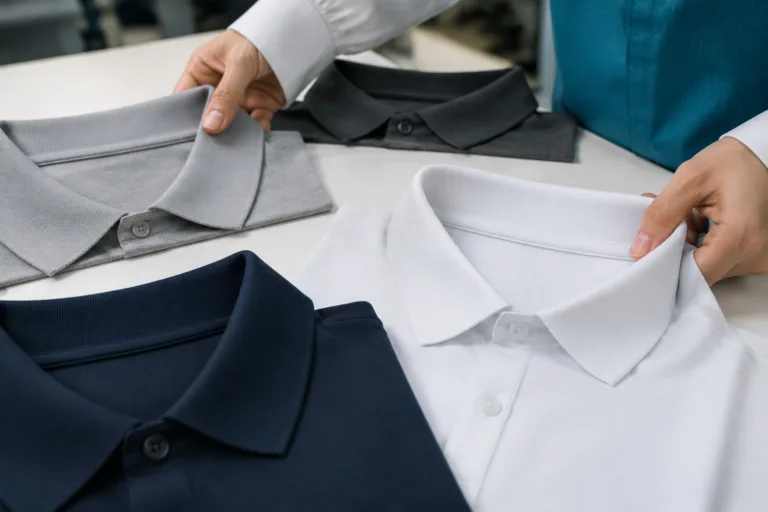 A technical comparison of polo collar constructions during product development and quality review.