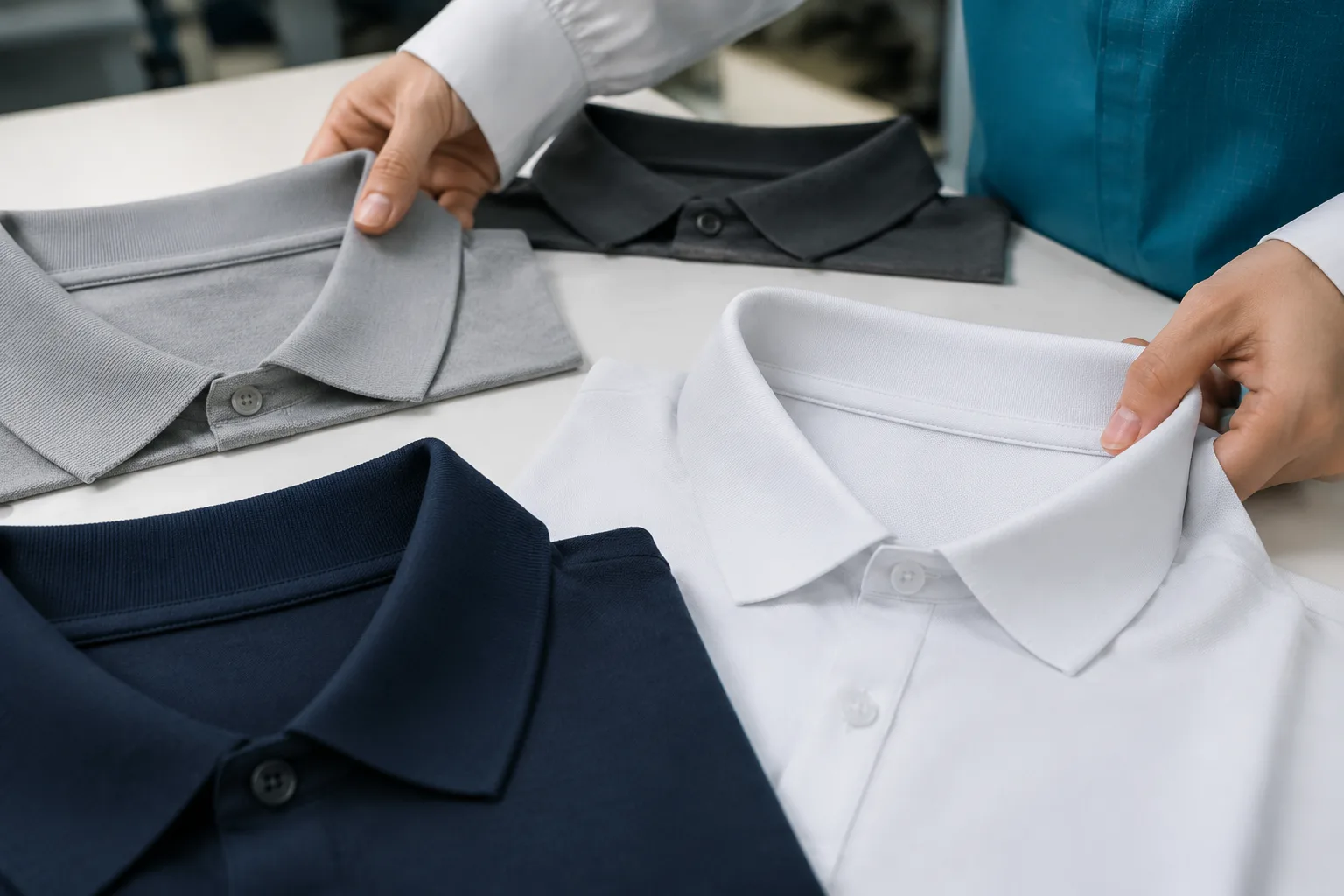 A technical comparison of polo collar constructions during product development and quality review.