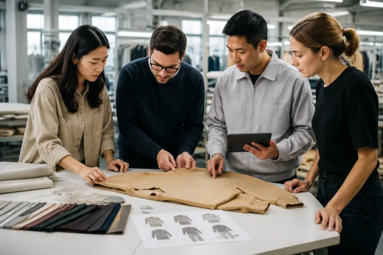A brand and manufacturer reviewing sample details before moving into bulk production.