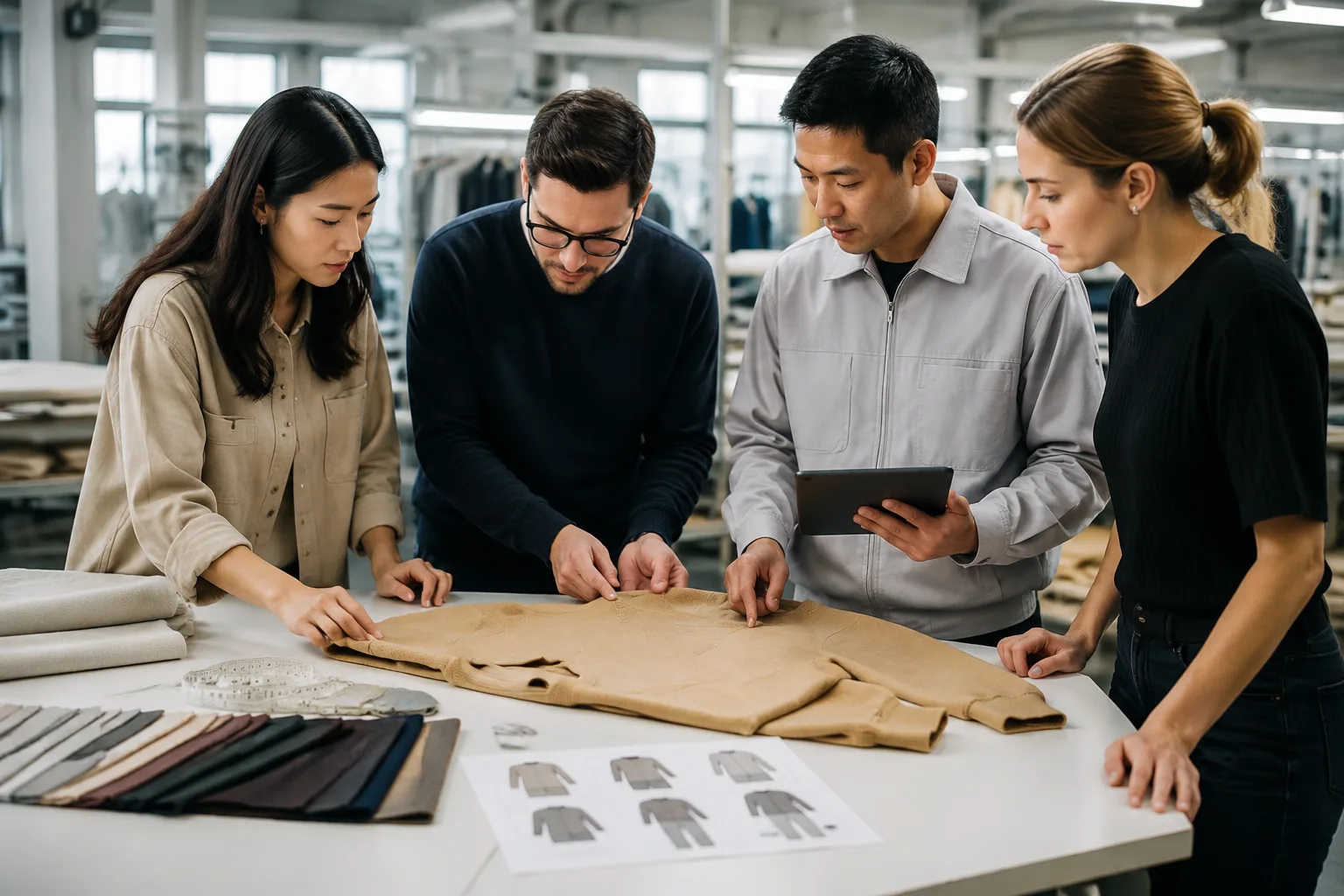 A brand and manufacturer reviewing sample details before moving into bulk production.