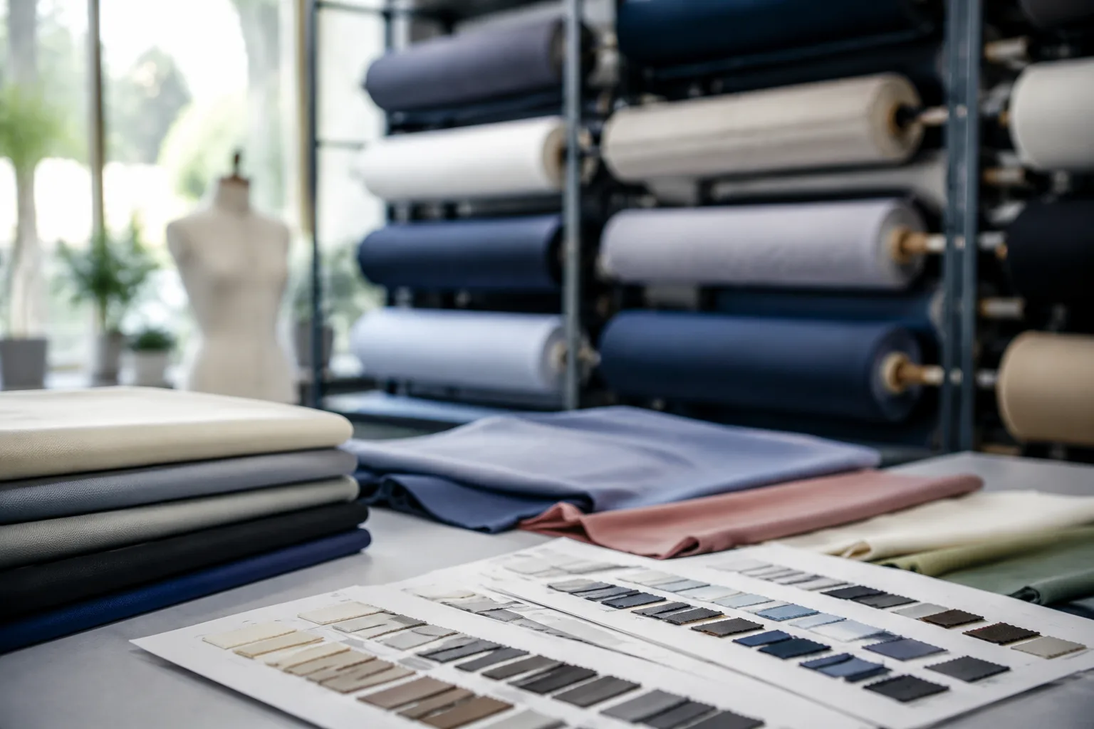 A realistic visual showing the difference between ready-stock fabric and custom dye development in apparel production.