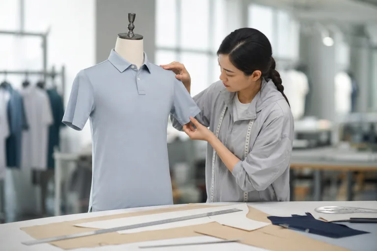 golf polo shirt manufacturer reviewing shoulder pattern and sleeve mobility on a sample polo