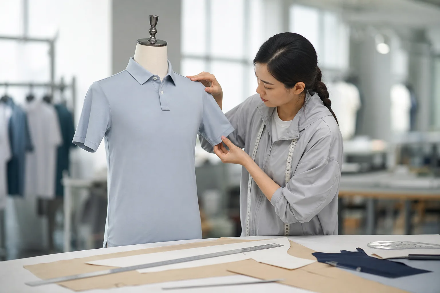 golf polo shirt manufacturer reviewing shoulder pattern and sleeve mobility on a sample polo
