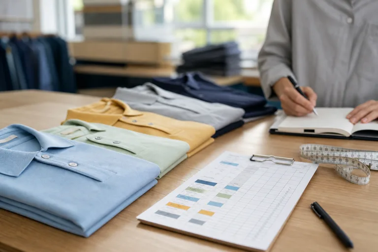 Polo shirt size ratio planning sheet on a production desk