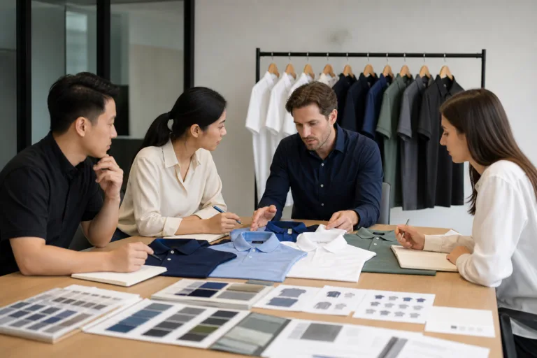 Team reviewing private label polo shirts samples and color planning for a small collection